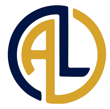 Stylized blue and gold AL logo with interlocking letters inside a circular design