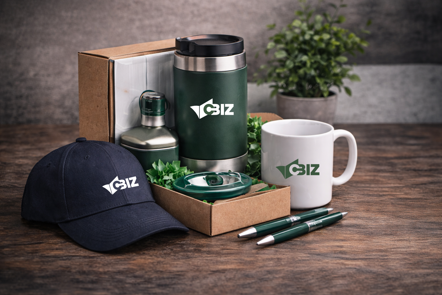 A branded promotional gift set with a cap, thermos, mug, and pens, all featuring the CBIZ logo, on a wooden table.