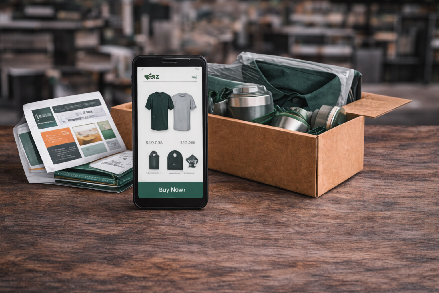 A smartphone displays a green and grey apparel website next to a cardboard box containing folded clothes and tumblers.