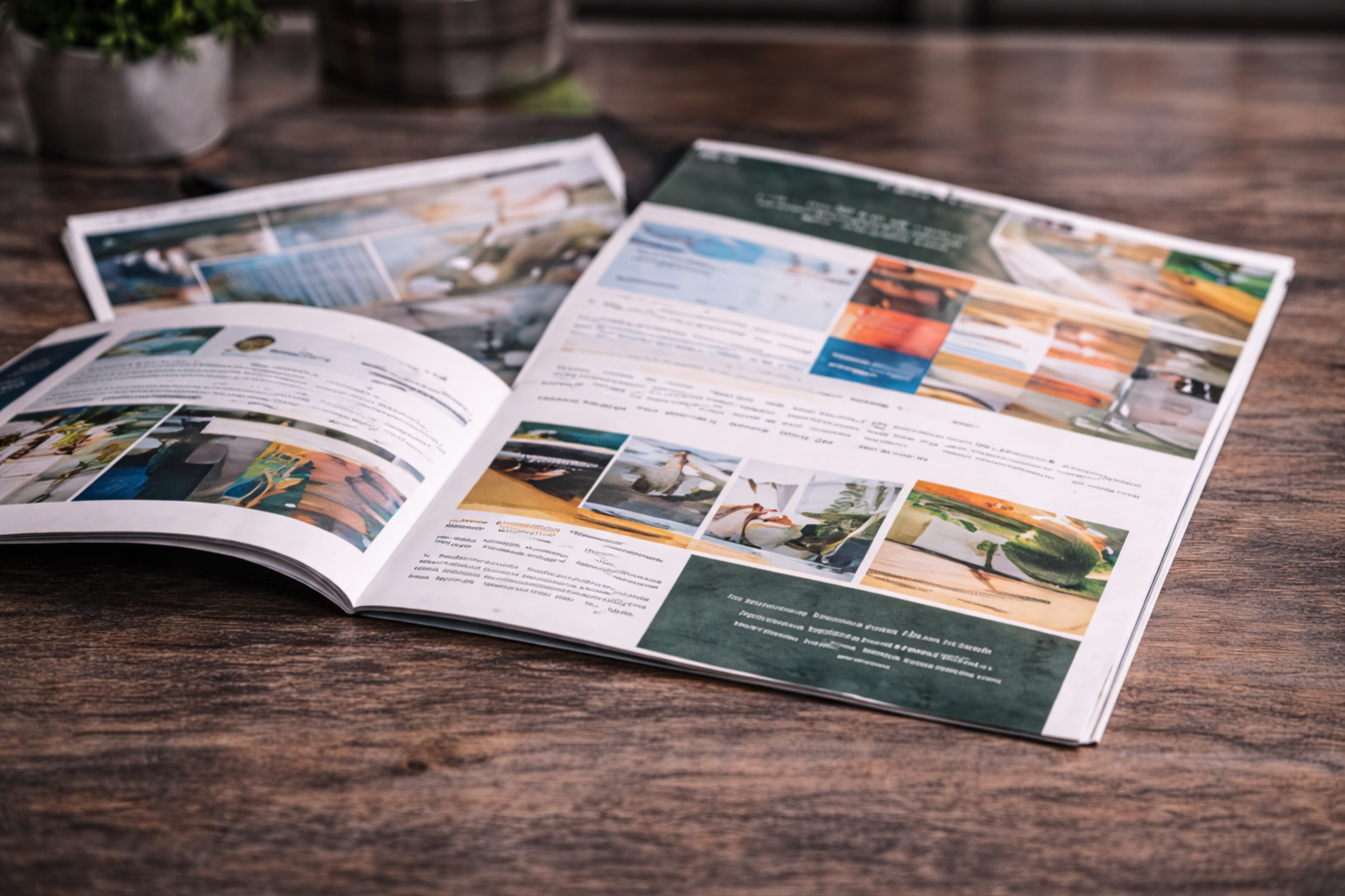 Open magazines spread on a dark wooden table next to a small potted plant.