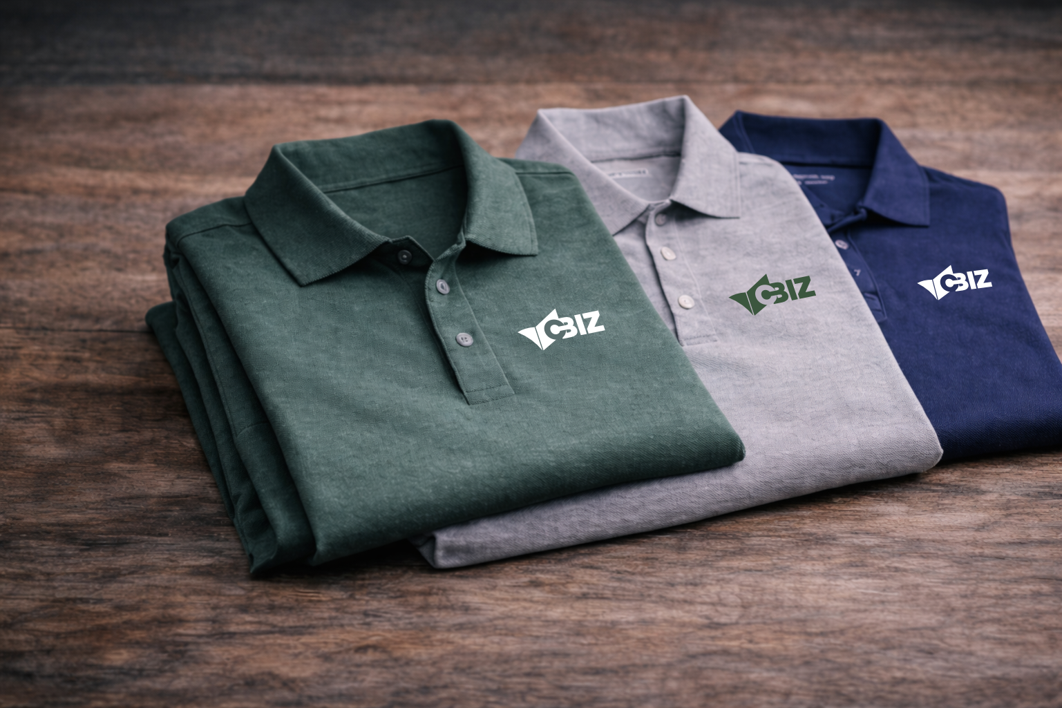 Three folded polo shirts in dark green, light grey, and dark blue, each featuring a white logo, on a wood-grain surface.