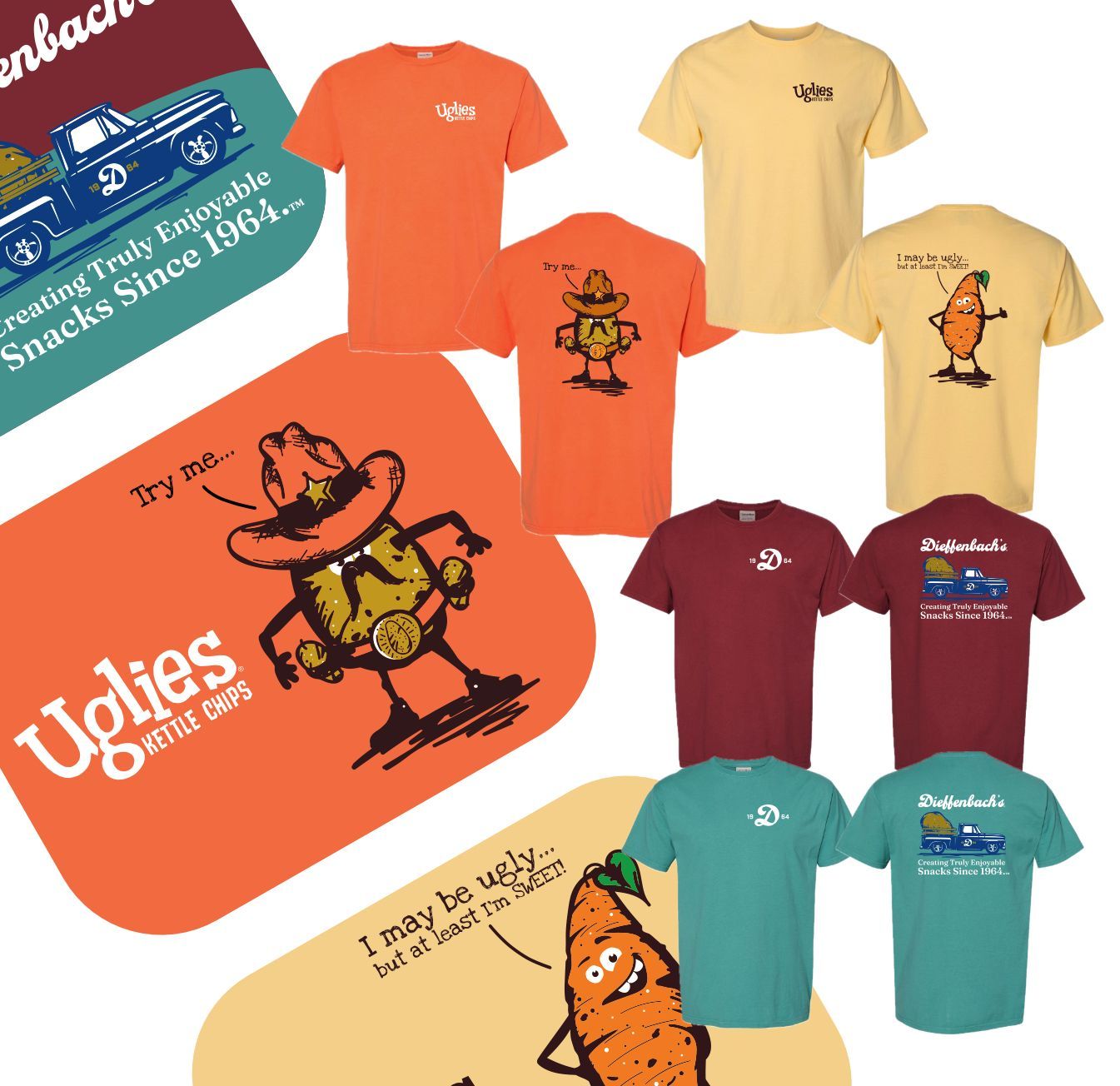 A collage of Uglies Kettle Chips branded apparel in various colors, featuring cartoon potato and carrot characters.