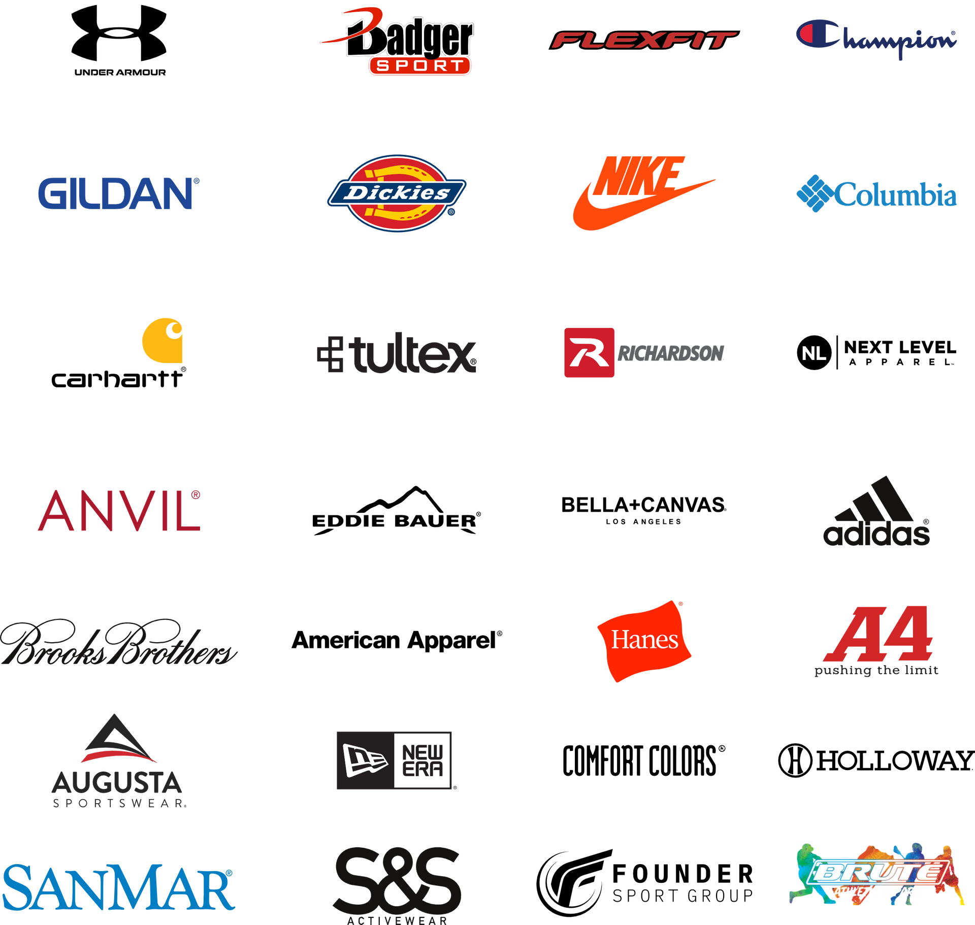 A grid of logos for various apparel brands including Nike, Adidas, Under Armour, Columbia, Champion, and others.