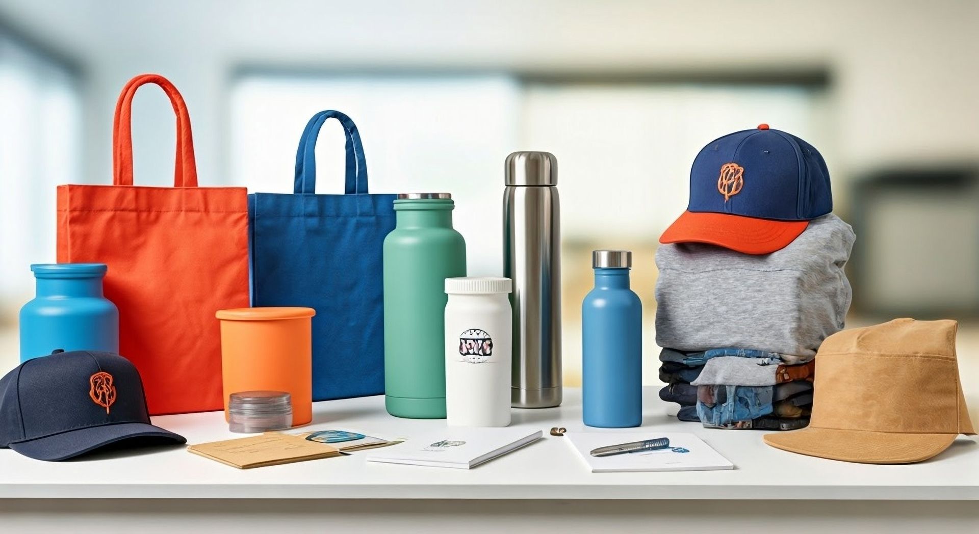 A collection of branded promotional items, including tote bags, reusable water bottles, caps, and clothing on a white table.