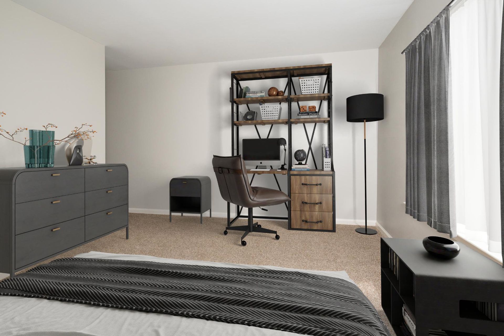 Bedroom-style home office with desk, metal shelving, chair, dresser, and a window with curtains.