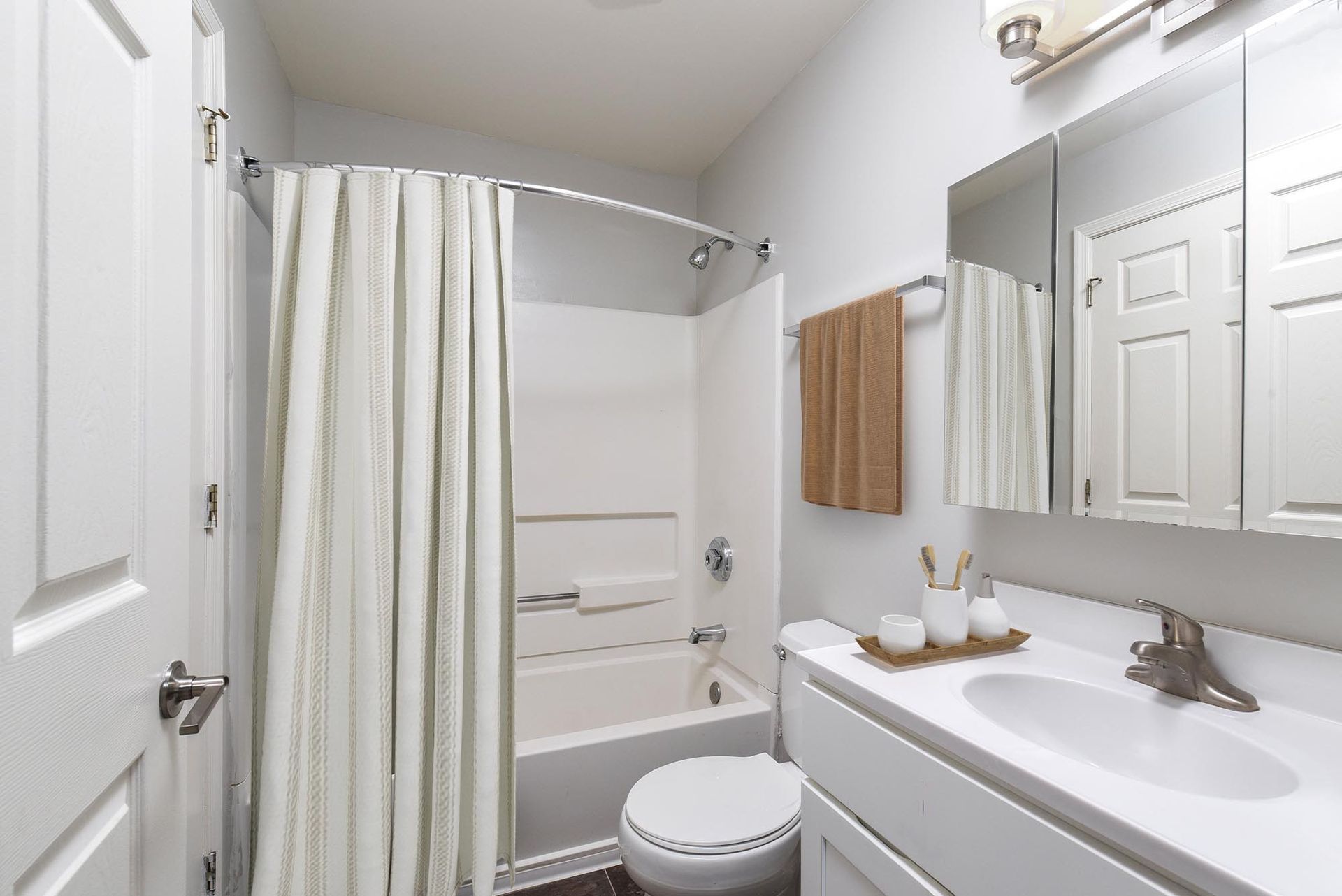 Bathroom with a tub/shower, toilet, and a vanity with a mirrored medicine cabinet.
