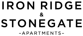Iron Ridge & Stonegate Apartments logo. Black text on white background.