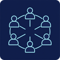Un'icona azzurra su sfondo blu scuro che mostra sei figure umane disposte in cerchio, collegate a un punto centrale.