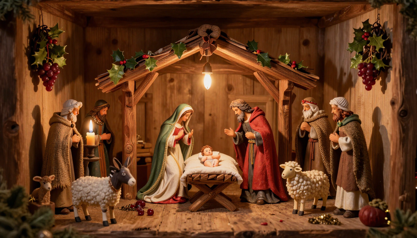 Presepe tradizionale italiano con luci calde e atmosfera festiva