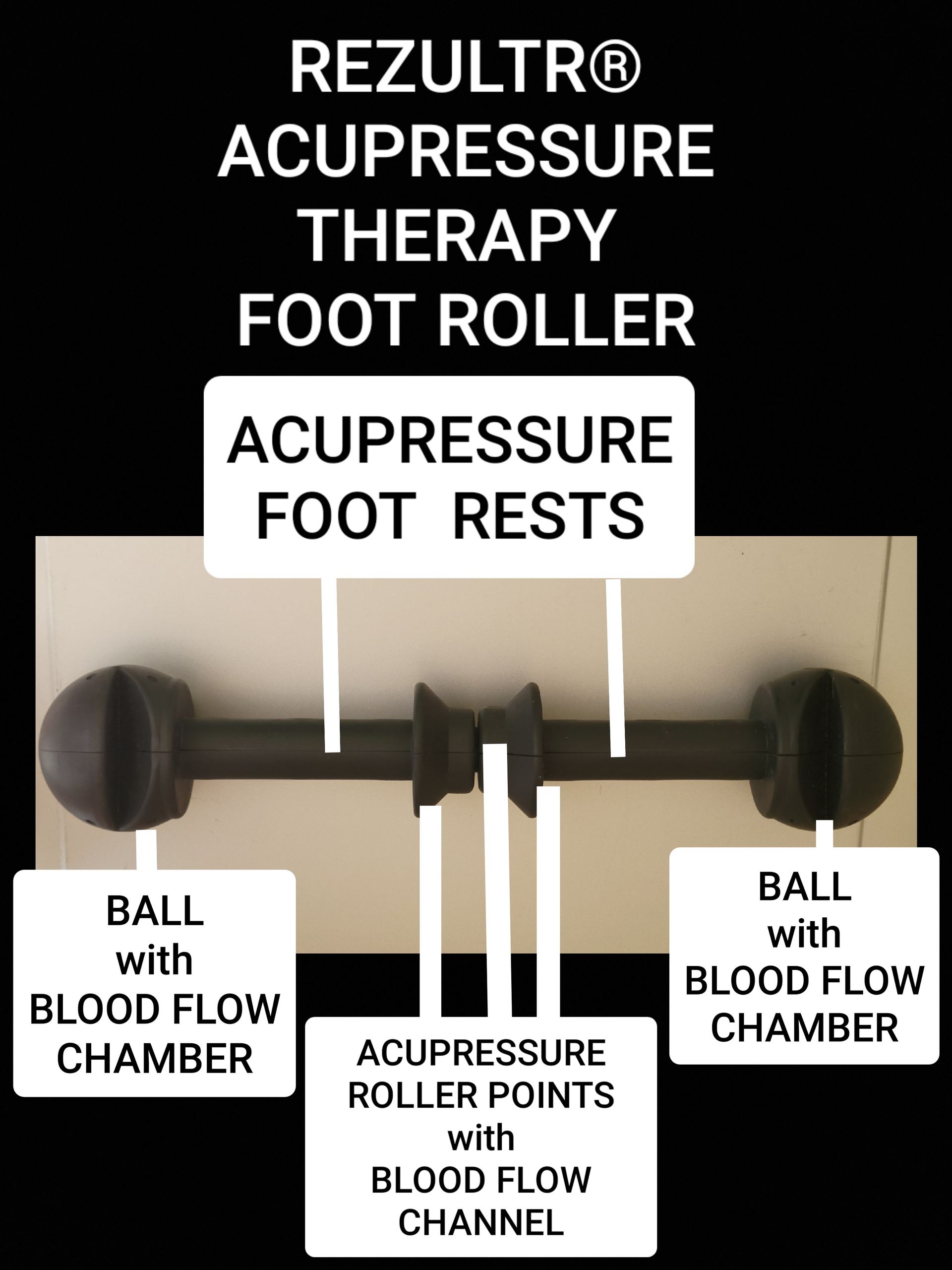 REZULTR Acupressure Therapy Foot Roller -  A black, barbell-shaped device with angled components in the middle.