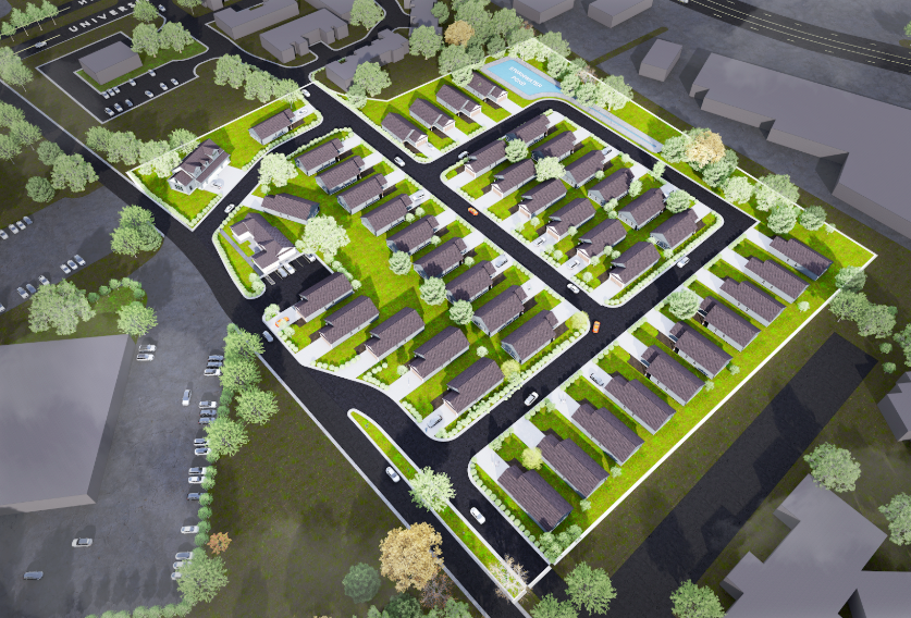 An aerial view of a residential area with lots of houses and trees