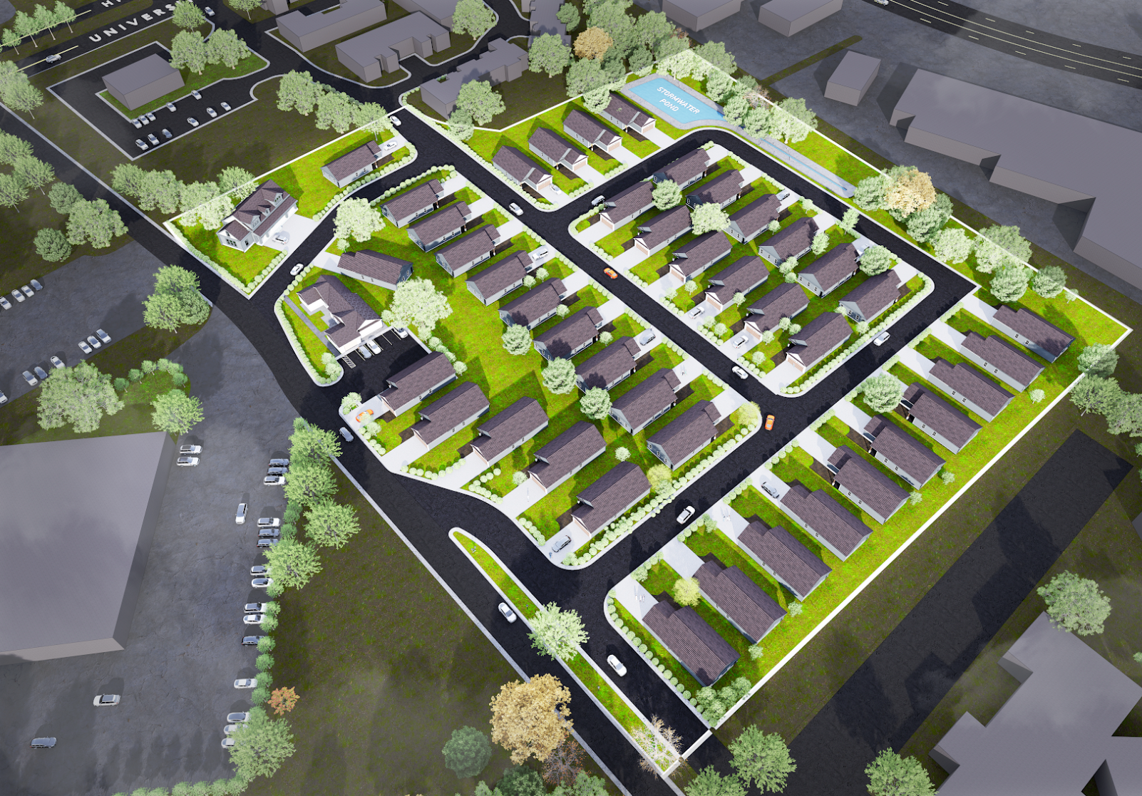 An aerial view of a residential area with lots of houses and trees