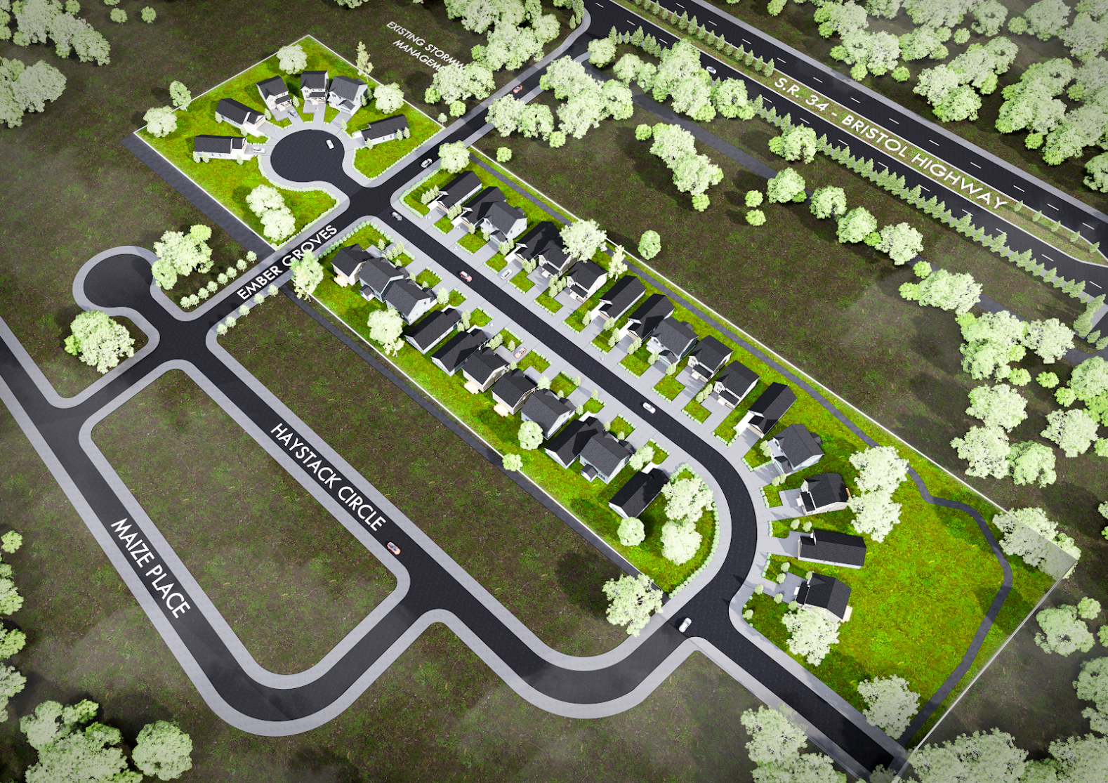 An aerial view of a residential area with houses and trees