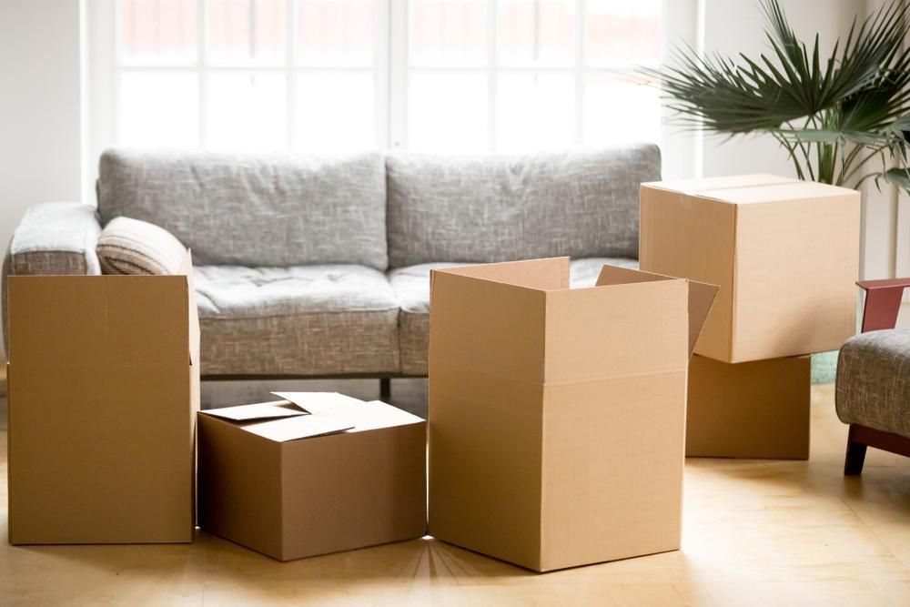A Living Room Filled With Cardboard Boxes And A Couch — Brisbane Moving & Storage In Acacia Ridge, QLD