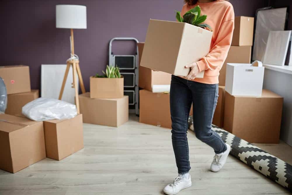 A Woman Is Carrying A Cardboard Box — Brisbane Moving & Storage In Acacia Ridge, QLD