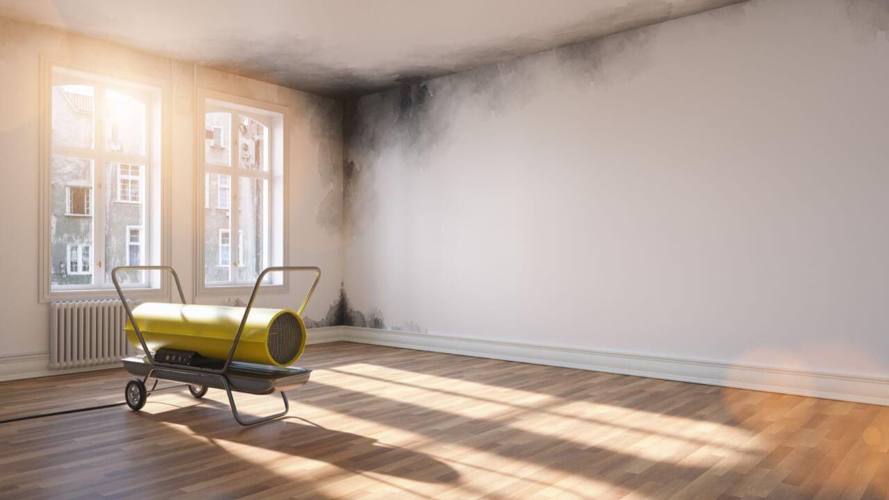 A room with a mold cleaner next to a window.