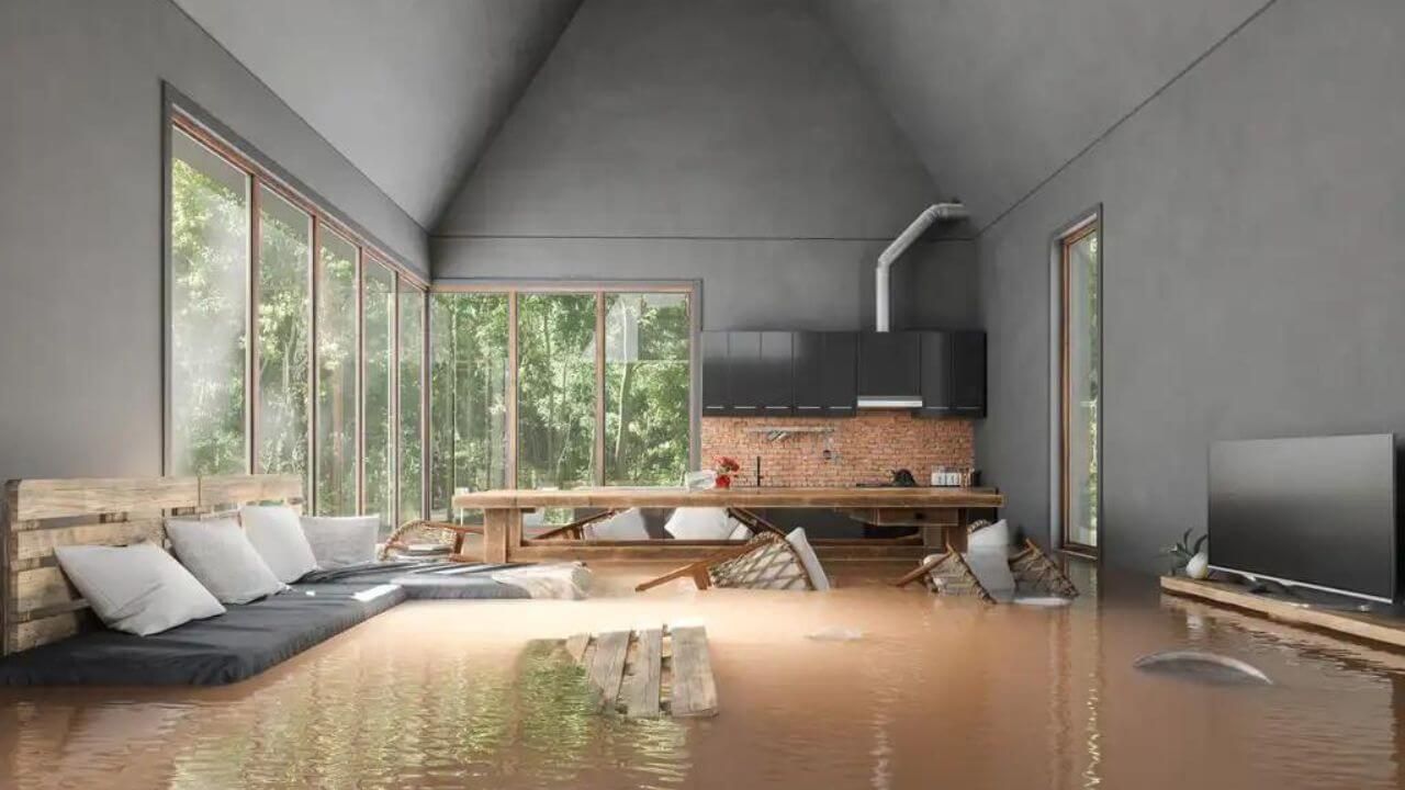 Photo showing extensive water damage to a living room after a flood