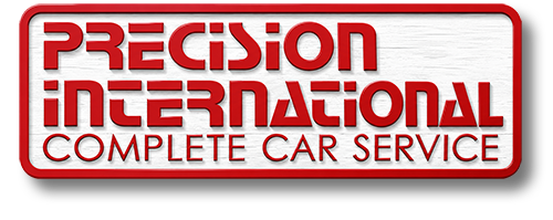Precision International Complete Car Service logo in red and white with black outline