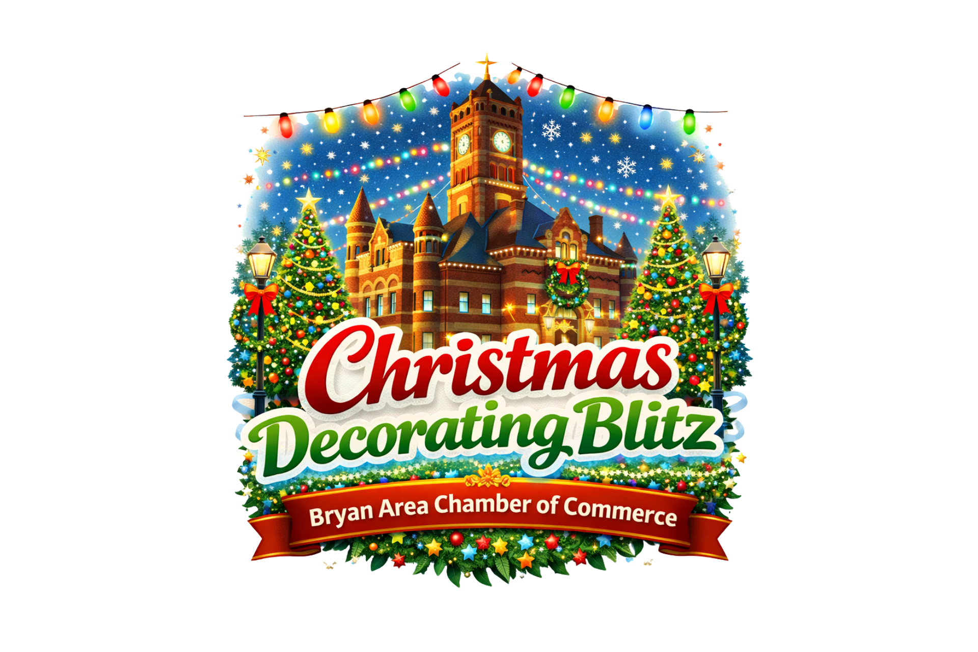 Logo for the Bryan Area Chamber of Commerce Decorating Blitz with a picture of the Williams County Courthouse 