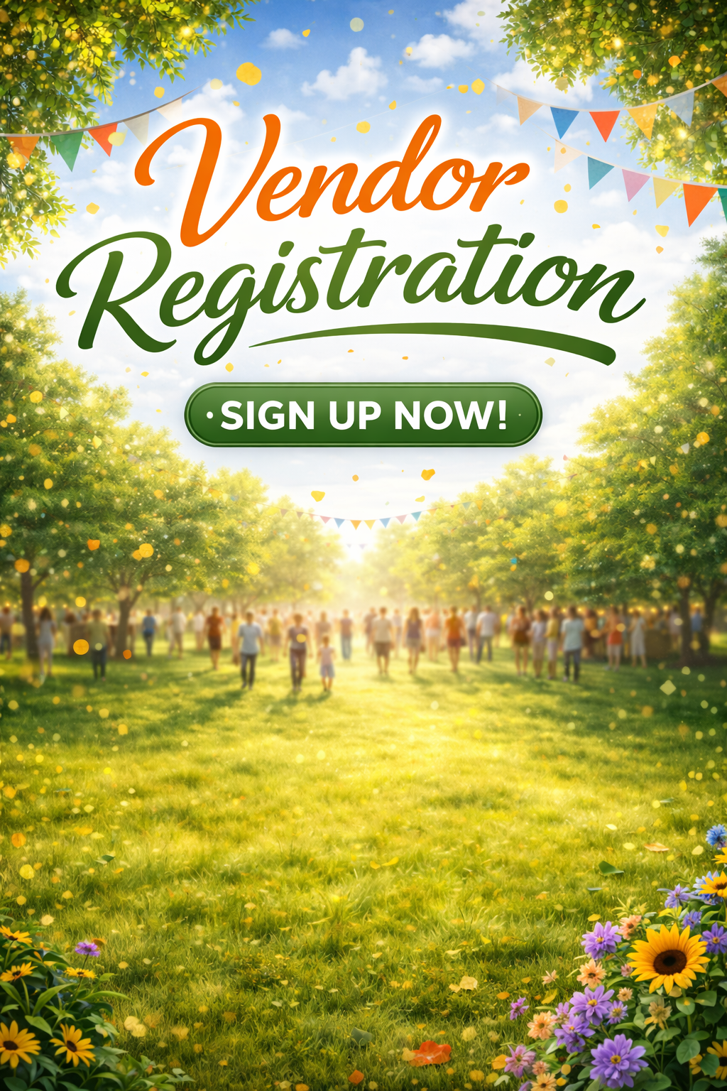 People in a grassy park with the words Vendor Registration, Sign up now!
