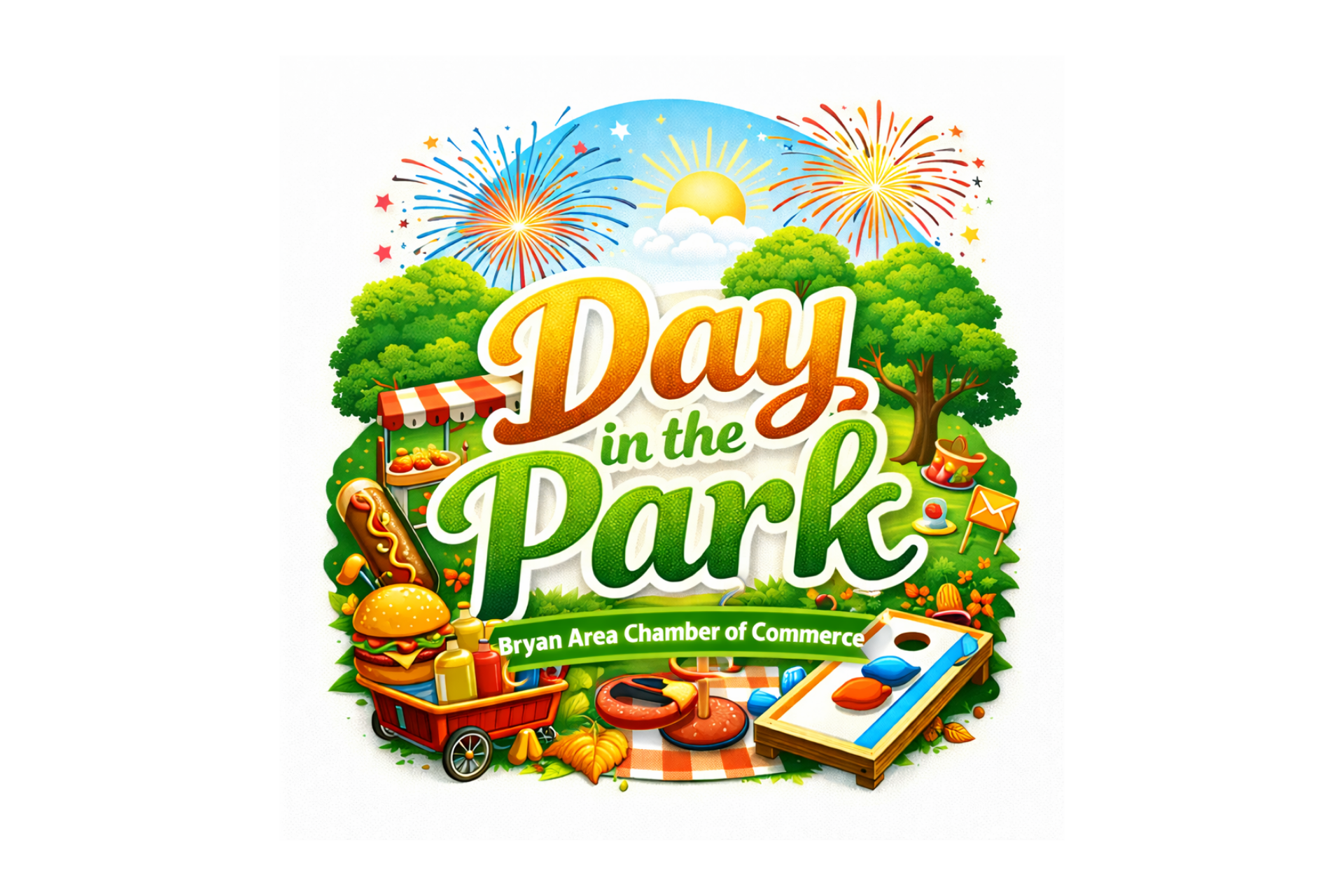 Day in the Park logo with fireworks, yard games, and food.