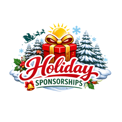 Holiday Christmas sponsorship image with christmas trees, Santa and his sleigh, and a present.