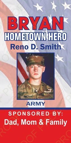 Banner with the American Flag in the background and a picture of Reno D. Smith.