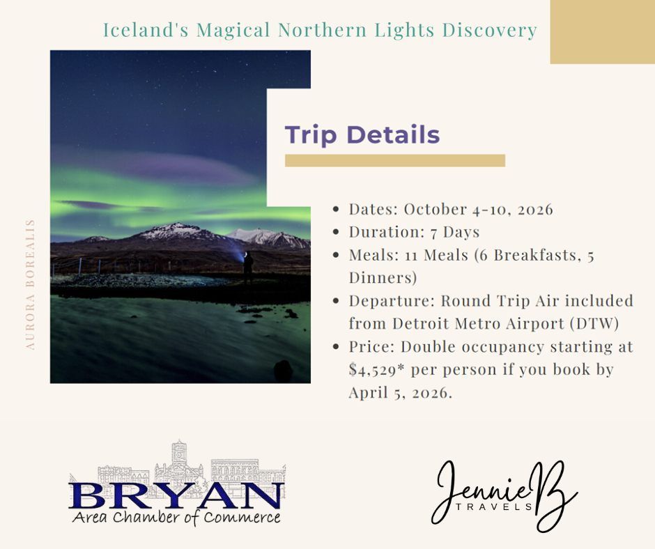 Picture of the Northern Lights in Iceland with text saying Iceland's Magical Northern Lights Discovery and the Trip Details.