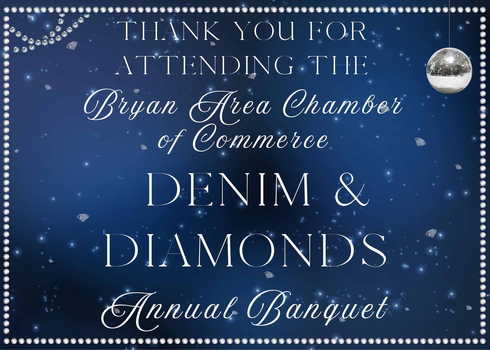 Invitation for the Bryan Area Chamber of Commerce Annual Banquet with the theme Denim & Diamonds