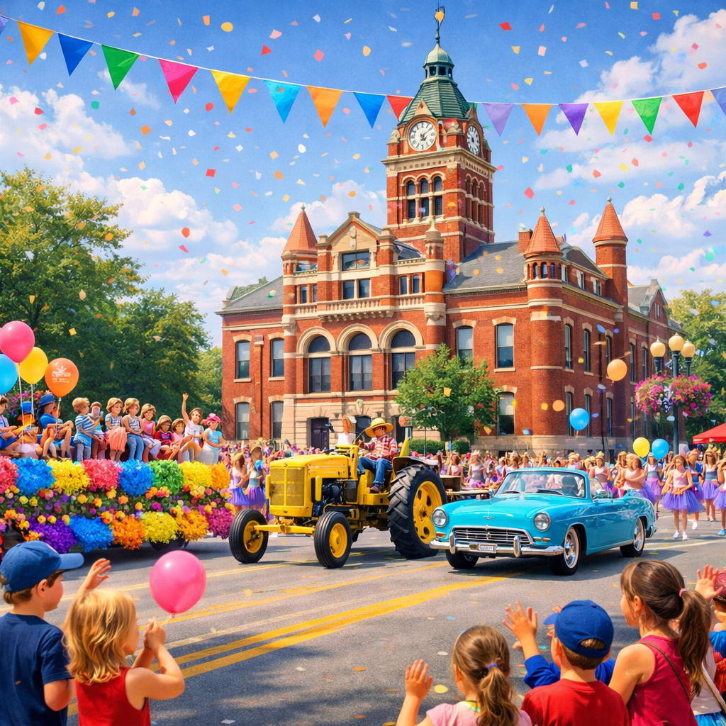The Williams County Courthouse a parade passing by.