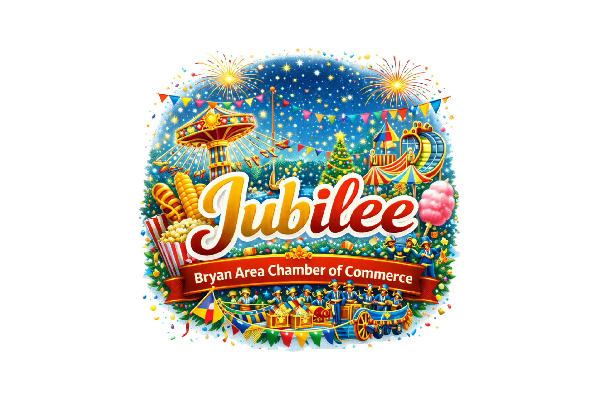 Bryan Area Chamber of Commerce logo for the Jubilee with midway ride images, fair food and a parade float.