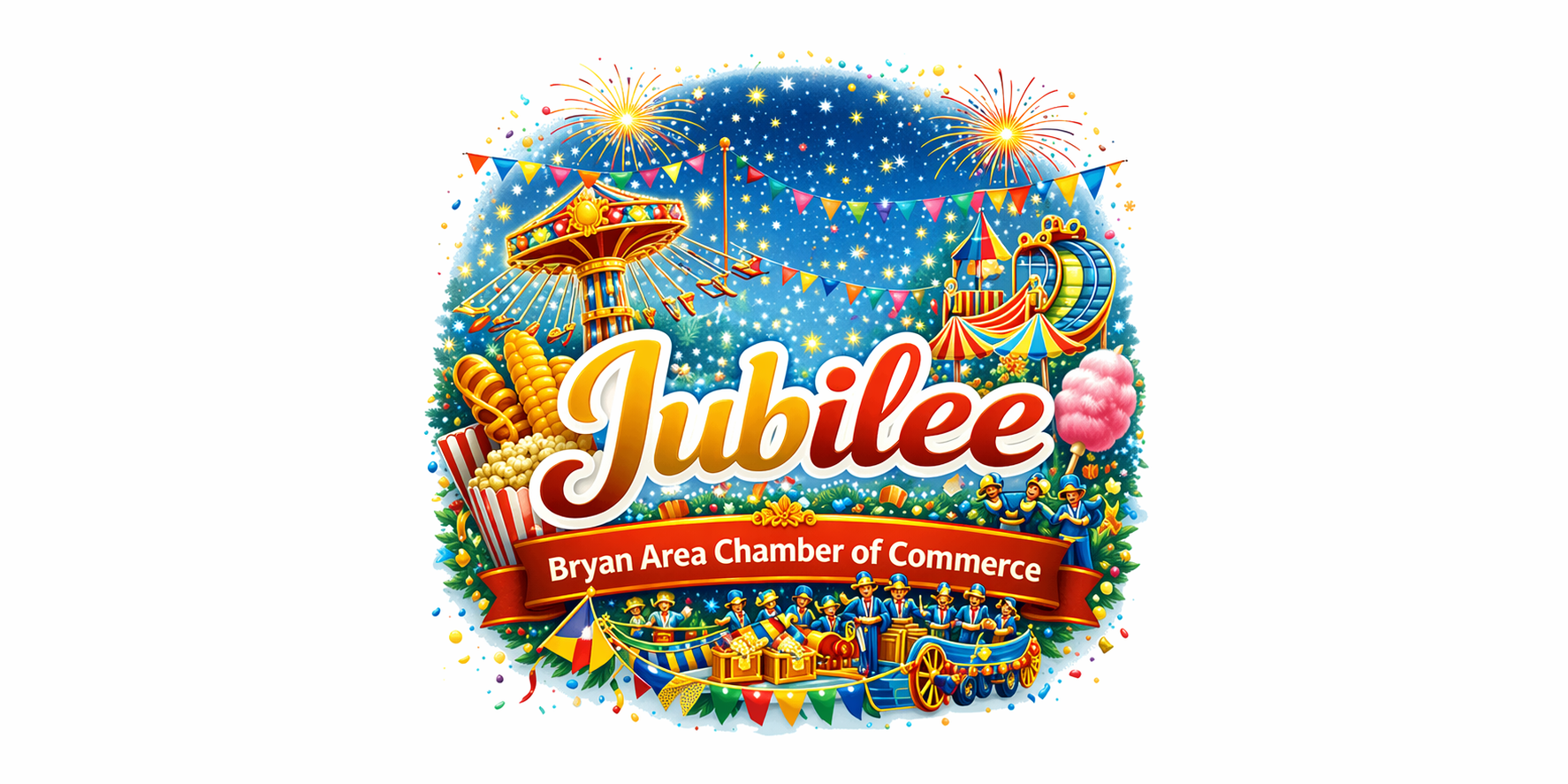 Bryan Area Chamber of Commerce logo for the Jubilee with midway ride images, fair food and a parade float.