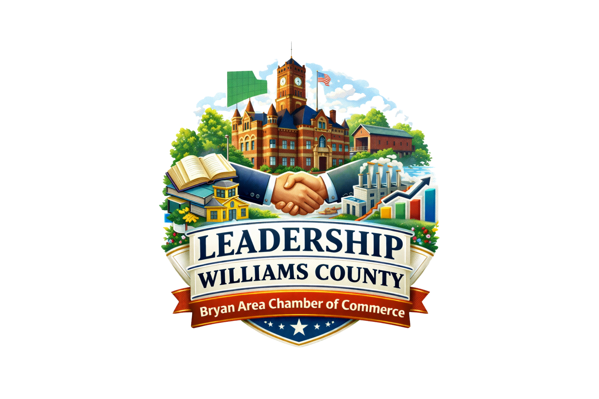 Leadership Williams County Logo with the Williams County Courthouse and two men shaking hands.