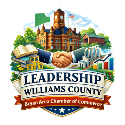 Image of the Williams County Courthouse with a handshake in front of it.