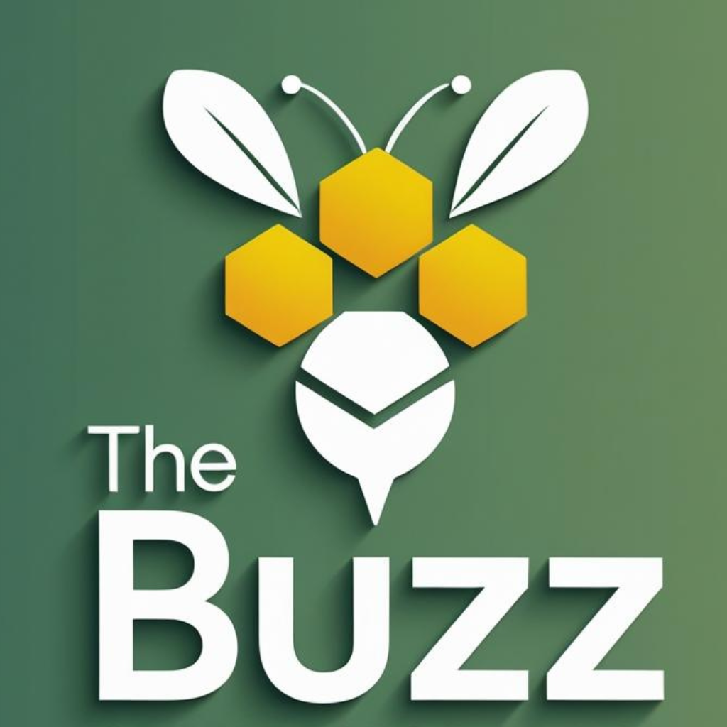 Logo for The Buzz newsletter that has a Bee on it with a green background