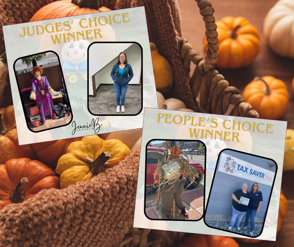 Pictures of scarecrows that we decorated by Jennie B Travels and Tax Saver Plus.