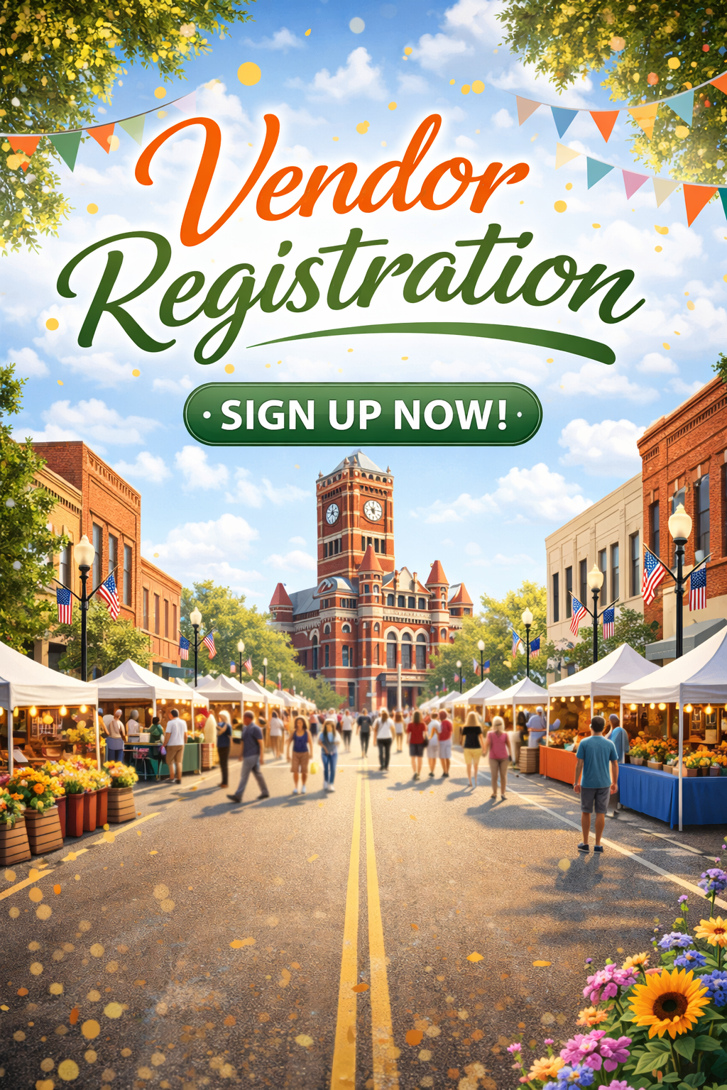 People in a grassy park with the words Vendor Registration, Sign up now!