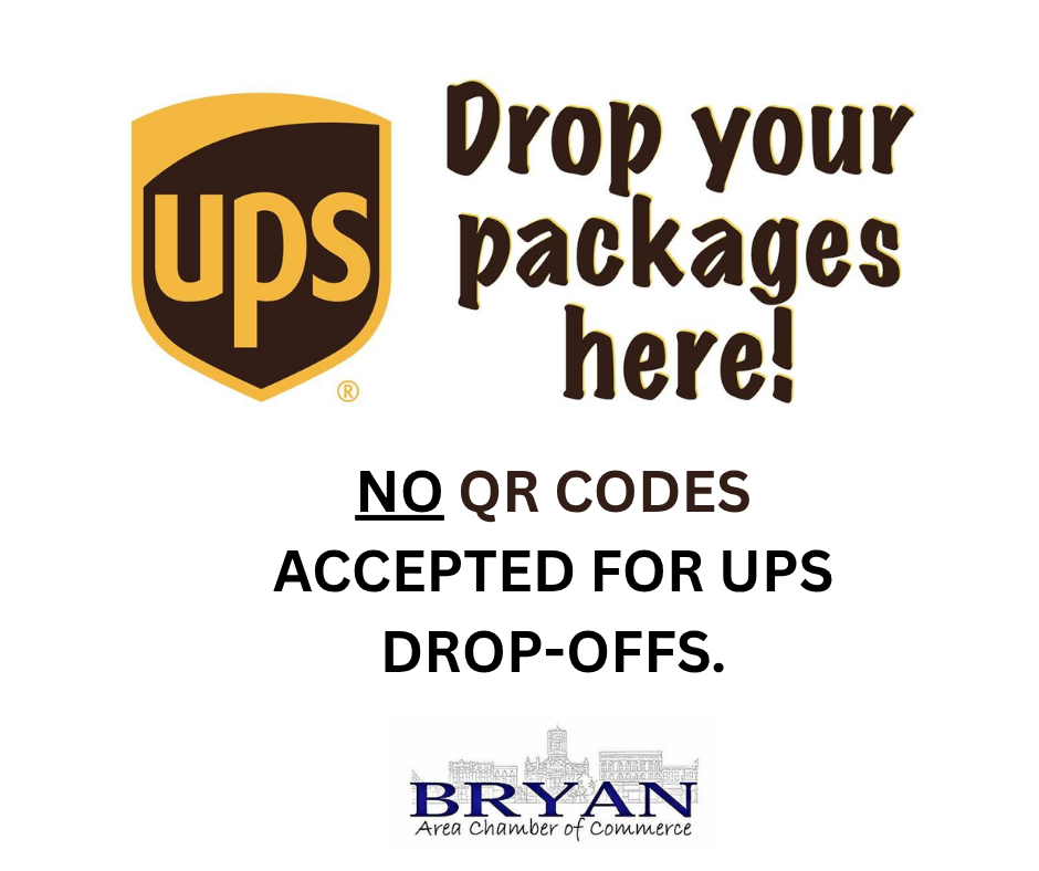 The UPS logo with text saying Drop your packages here!