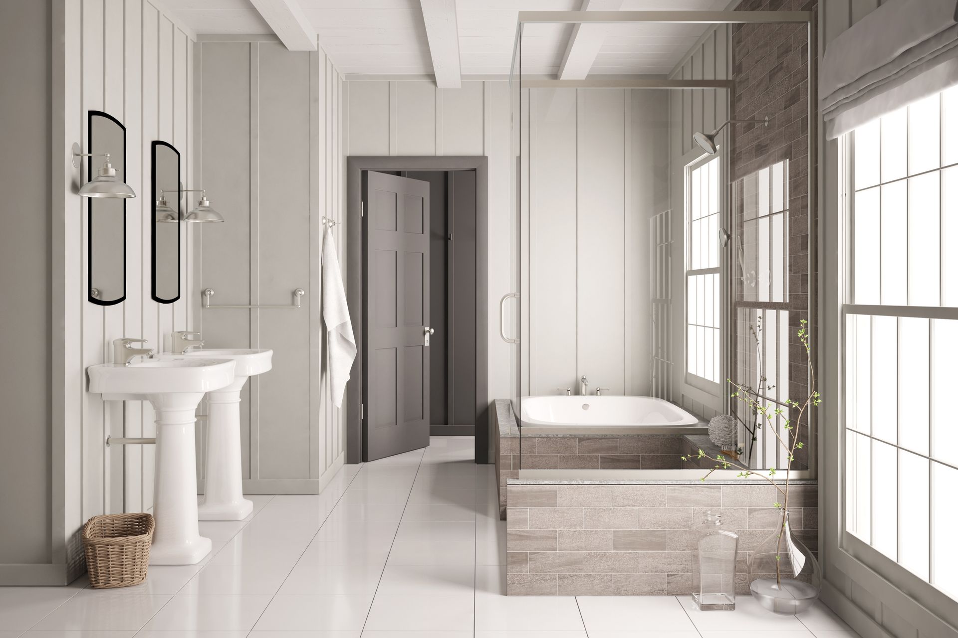 A bathroom with two sinks , a bathtub , and two mirrors.