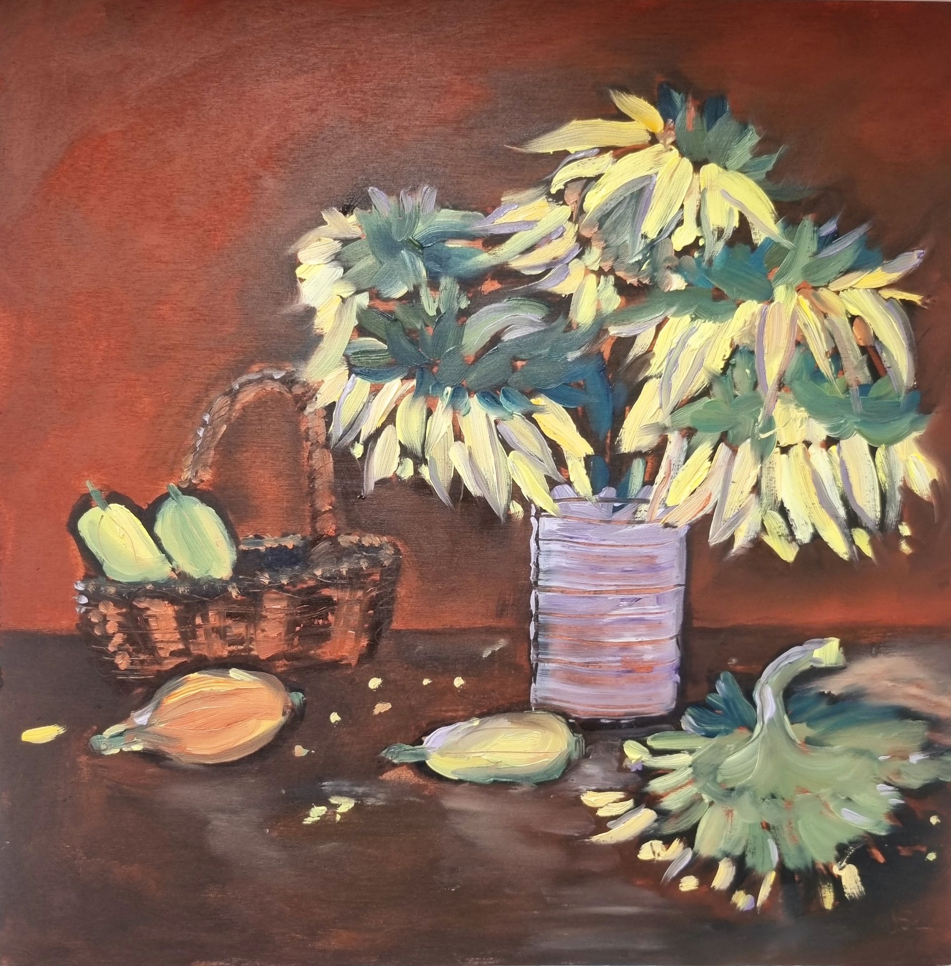 oil painting of sunflowers in a vase
