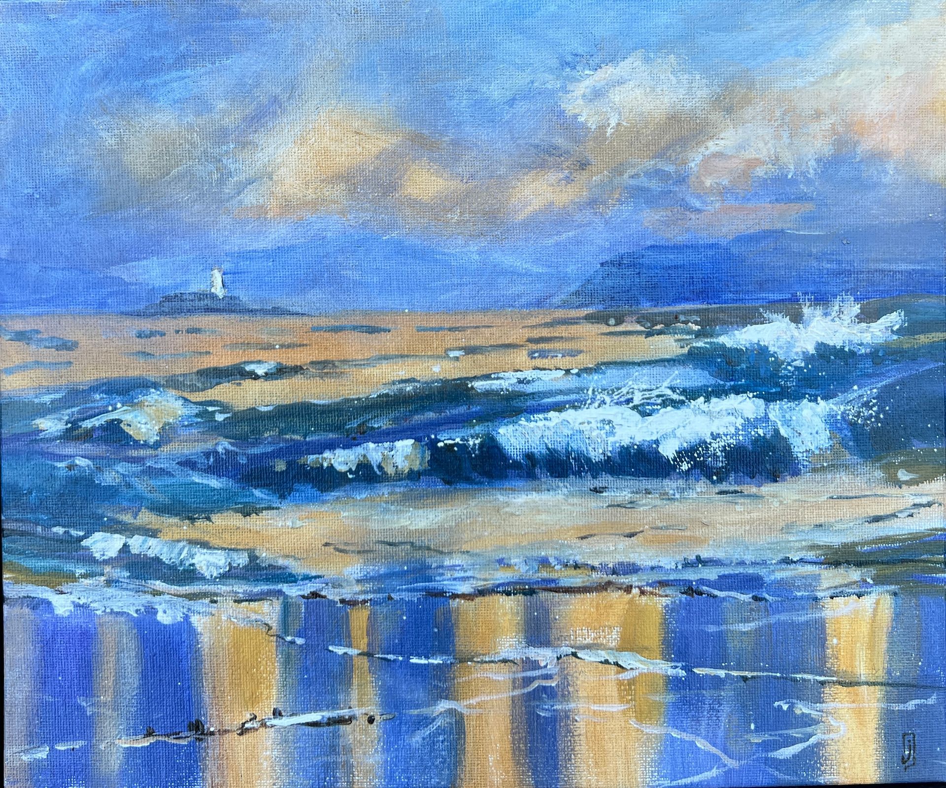 The sea swelling across a Cornish bay depicted in colourful acrylics.