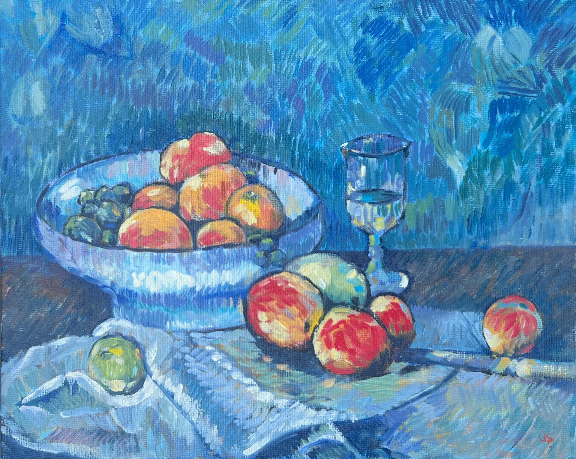 A still life painting of apples and a glass of wine. The brush marks are in the style of Cezanne.