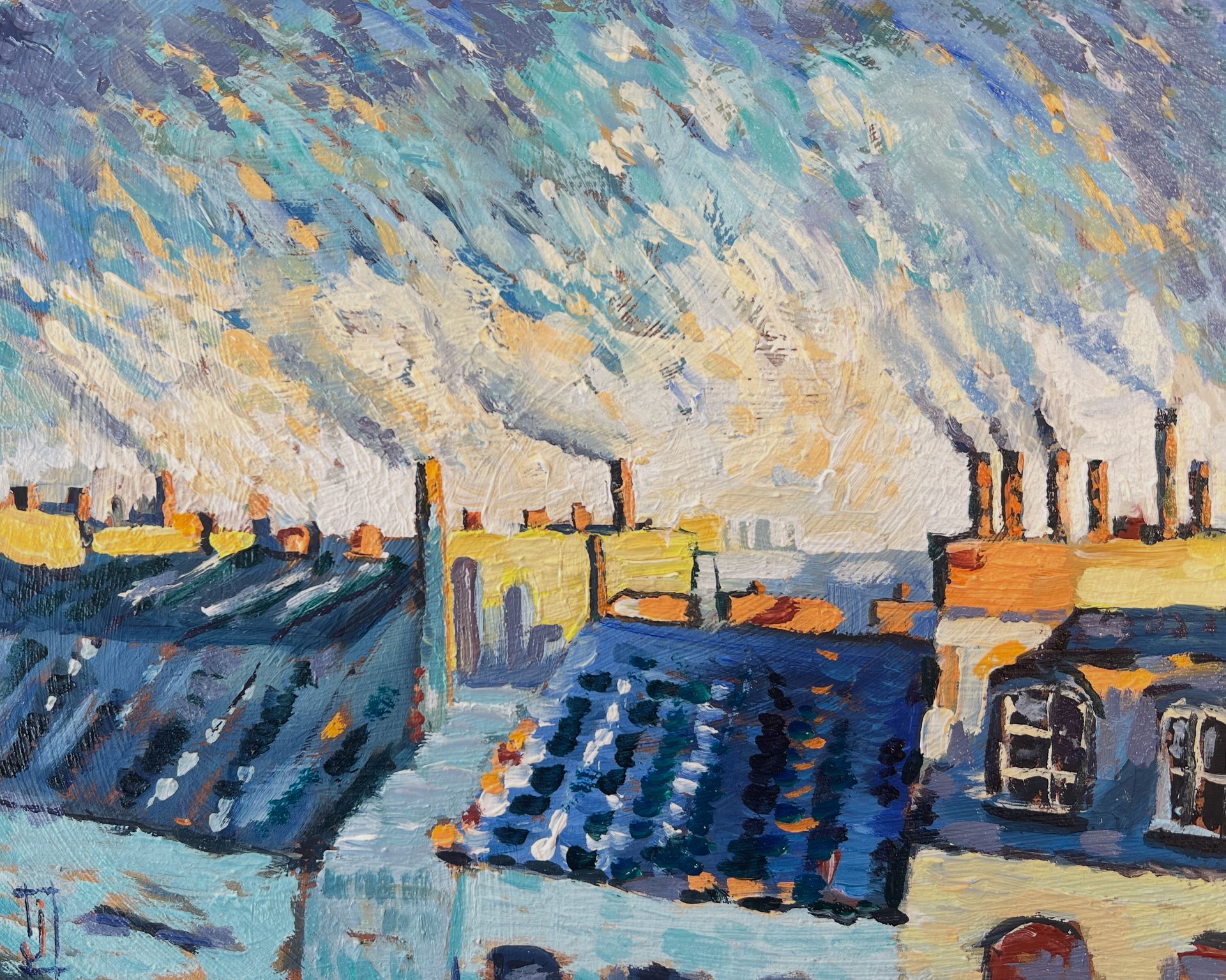 Blue roof and chimneys in oil paint