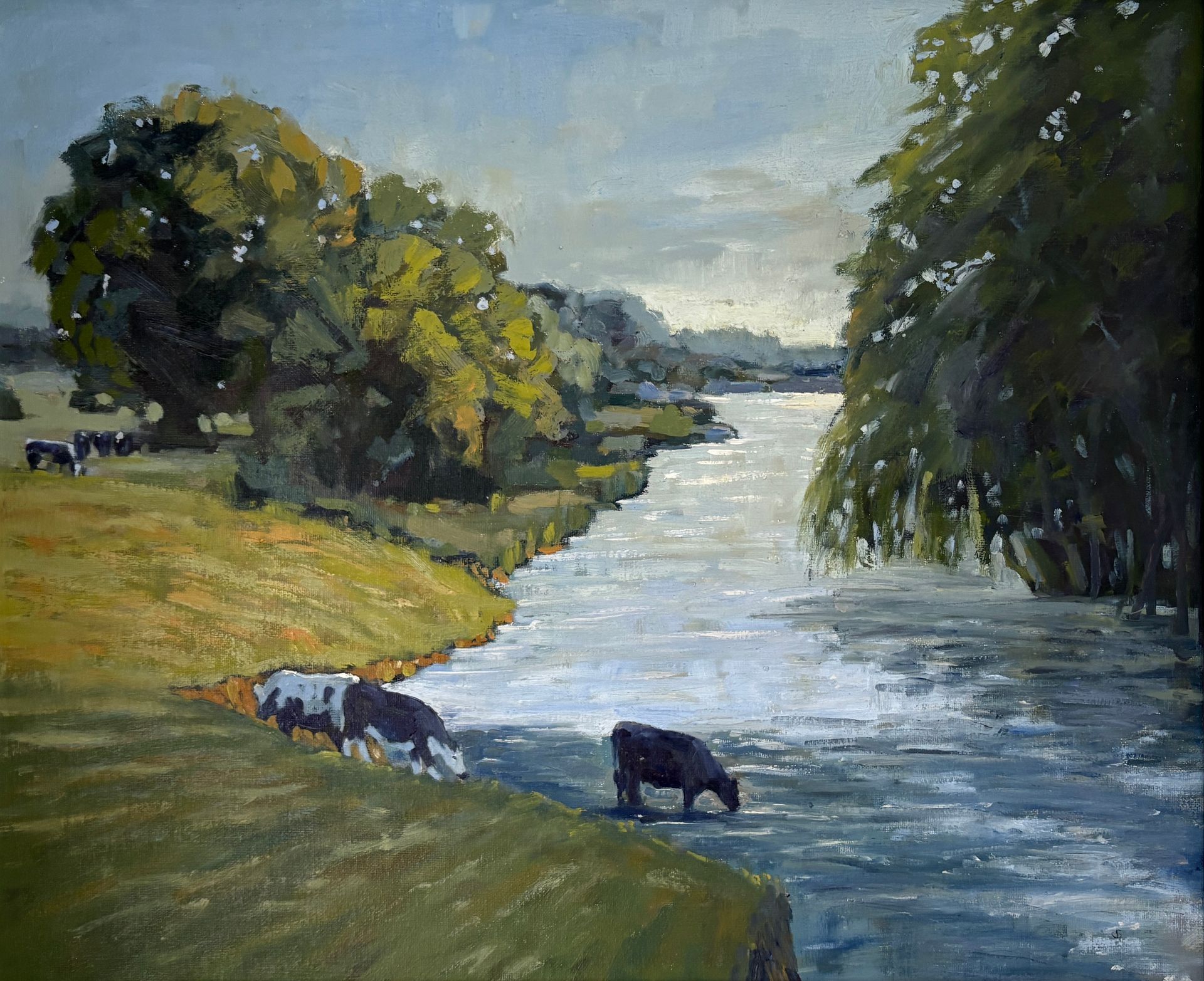 Pastoral painting of cattle drinking from  the river in Dedham Vale