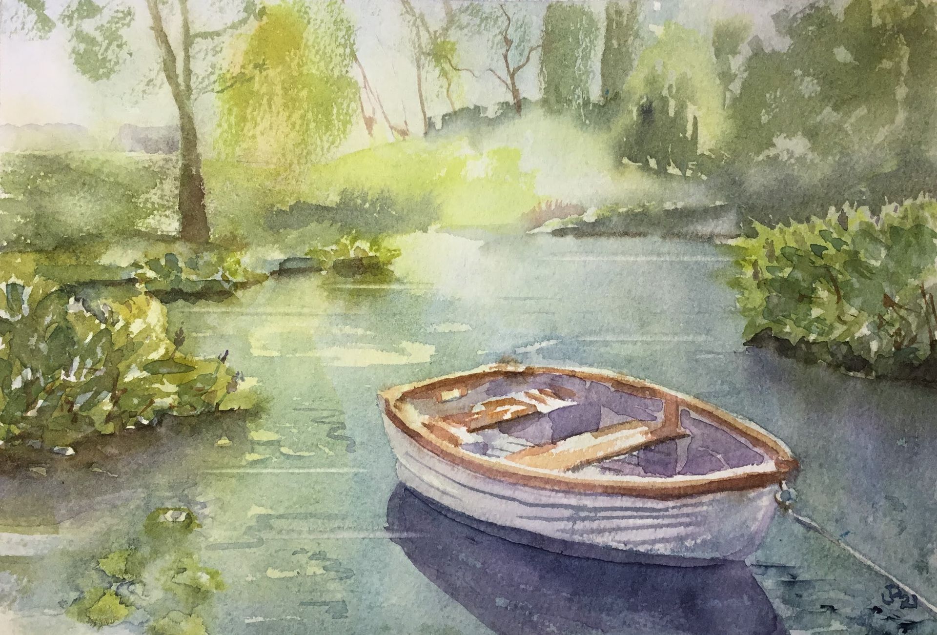 Watercolour boat at Beth Chatto gardens