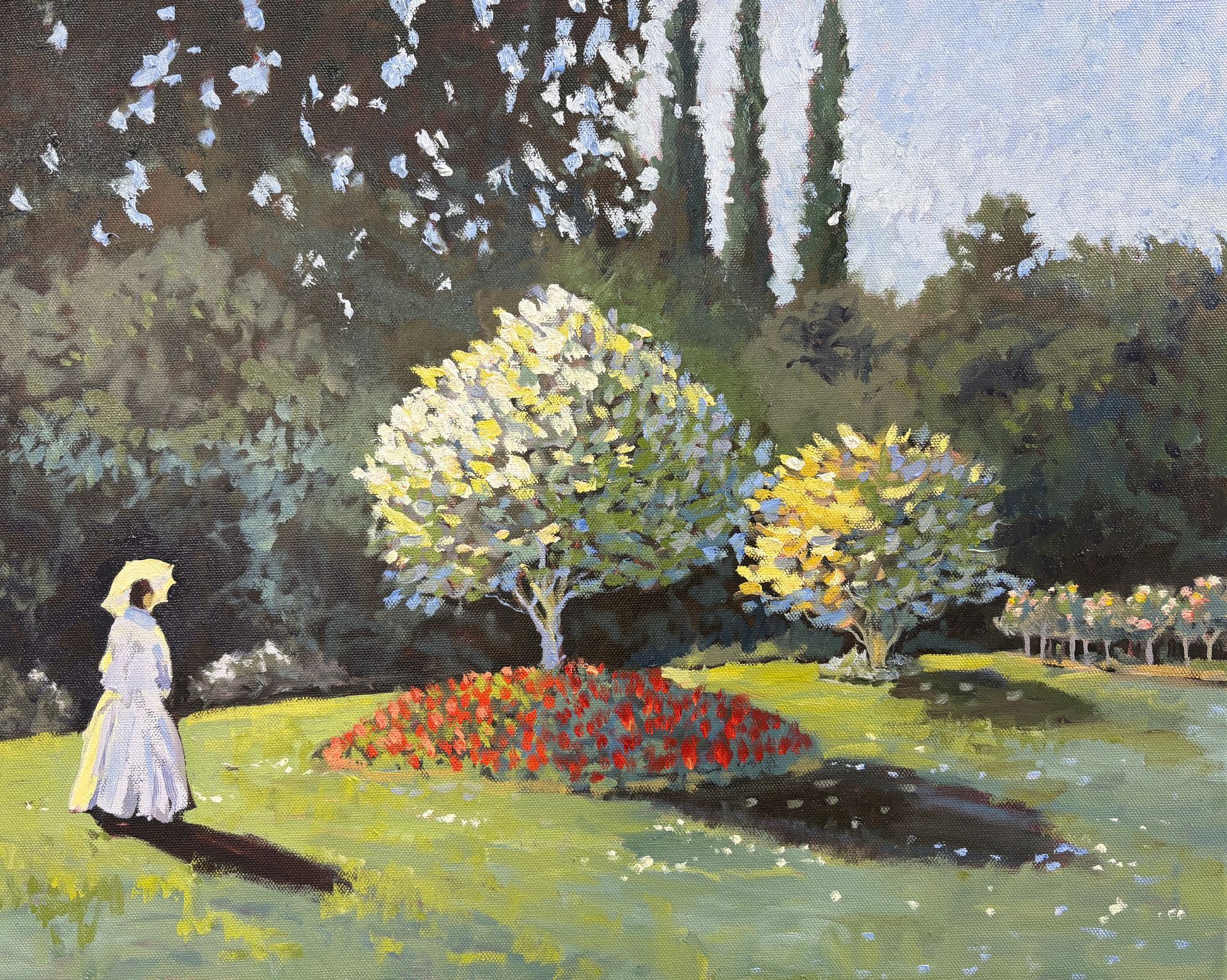 Lady walking in a  rose garden painted in oils