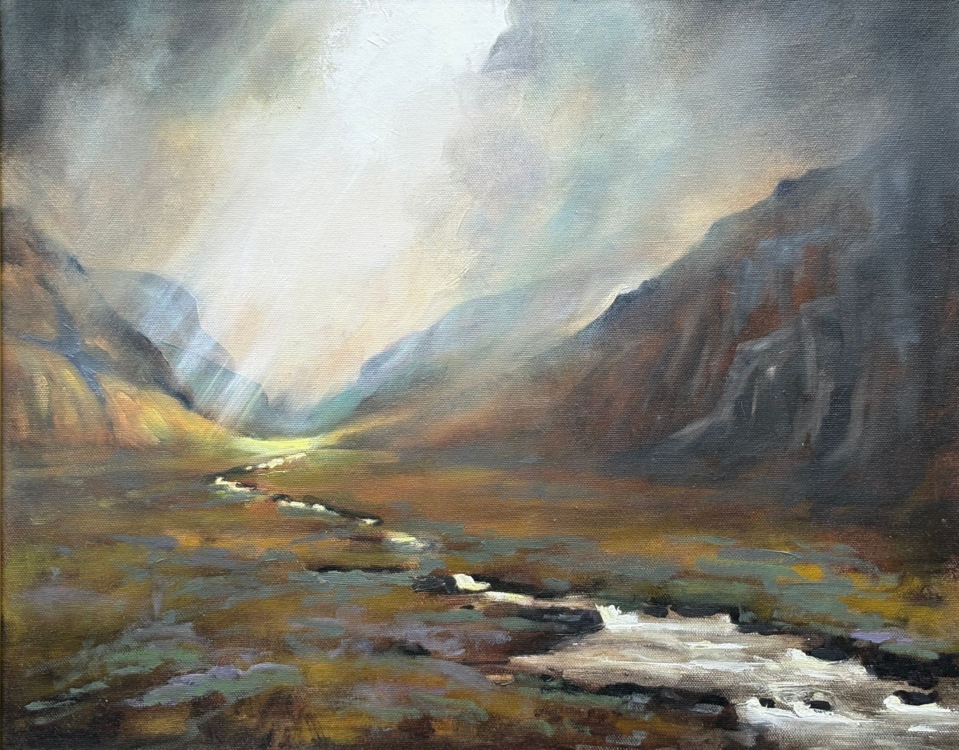 an oil painting of light filtering down a mountain glen