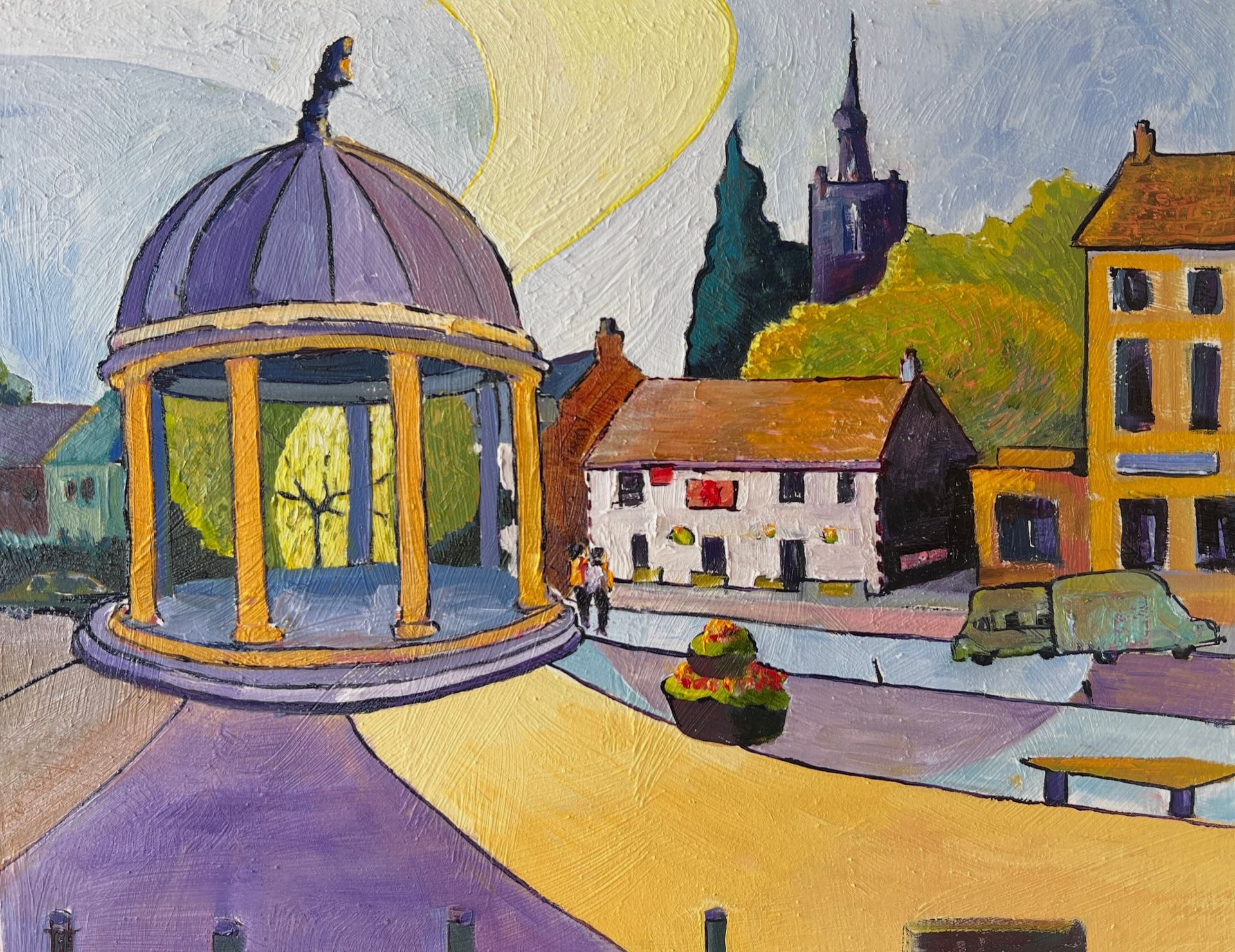 Swaffham depicted in oils with curving lines surrounding the colours