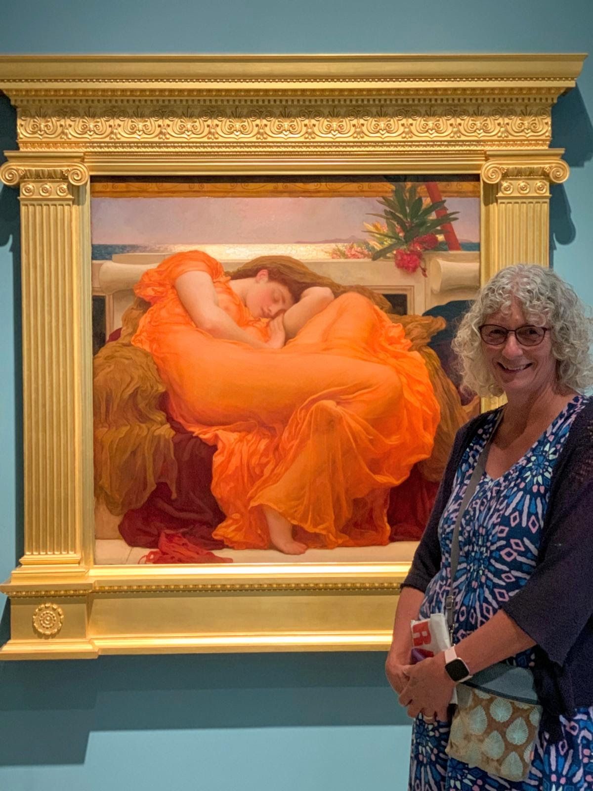 Artist with famous painting, Flaming June, at the RA