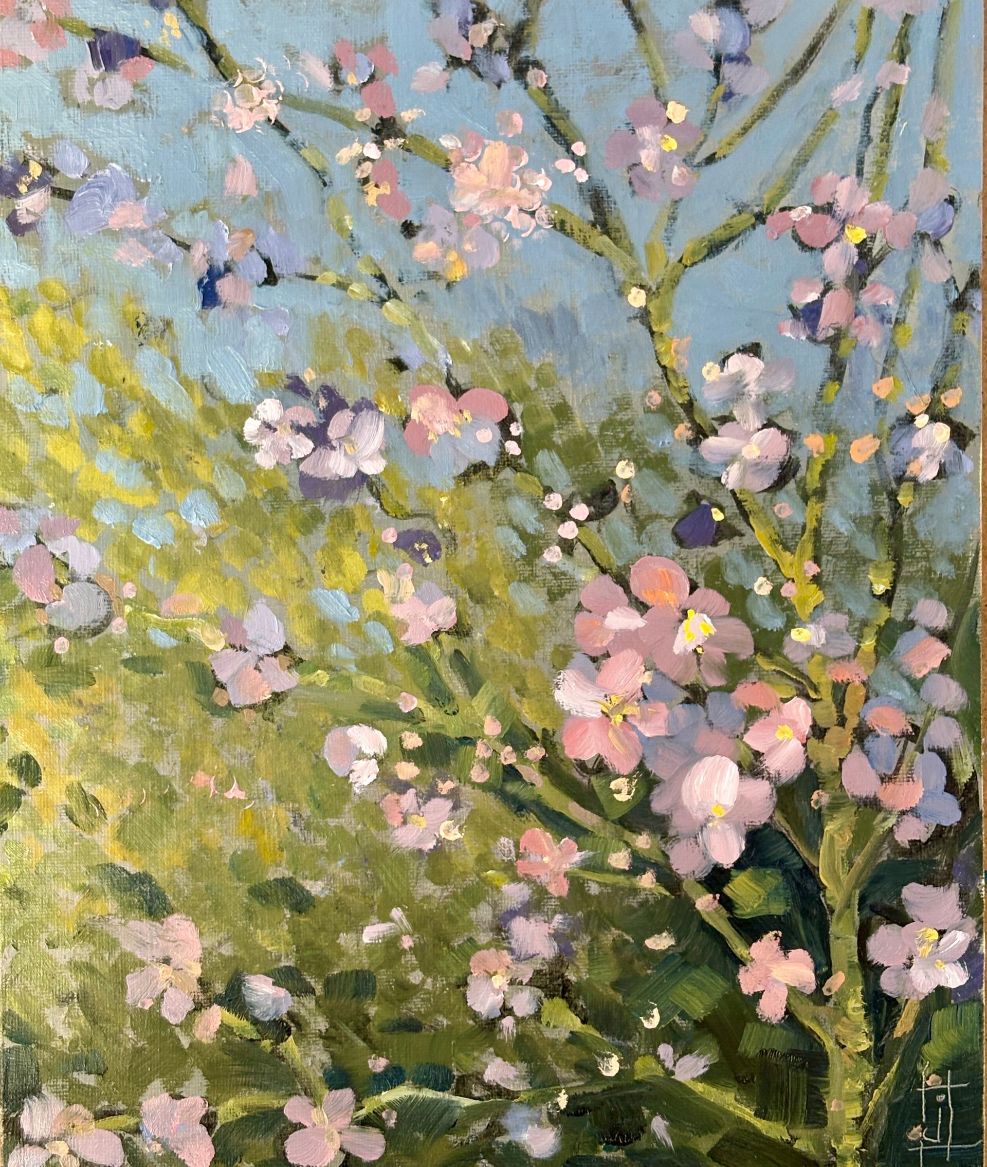 an oil painting of cherry blossom in natural colours
